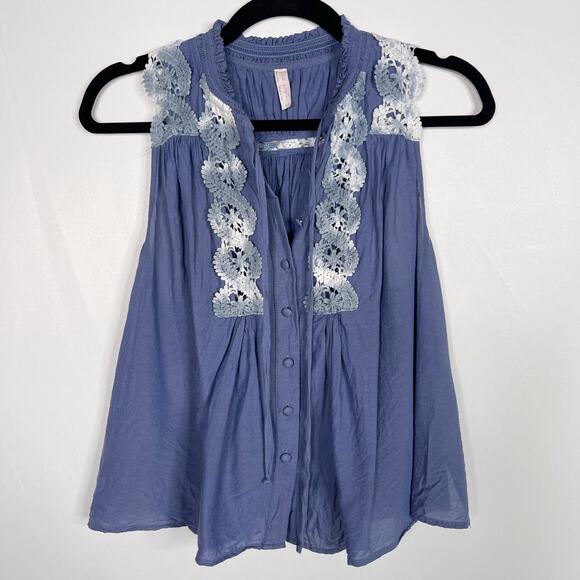 Free People Crochet Tank Top Flutter Open Back Button Front Blue Small S Cotton - Picture 1 of 12